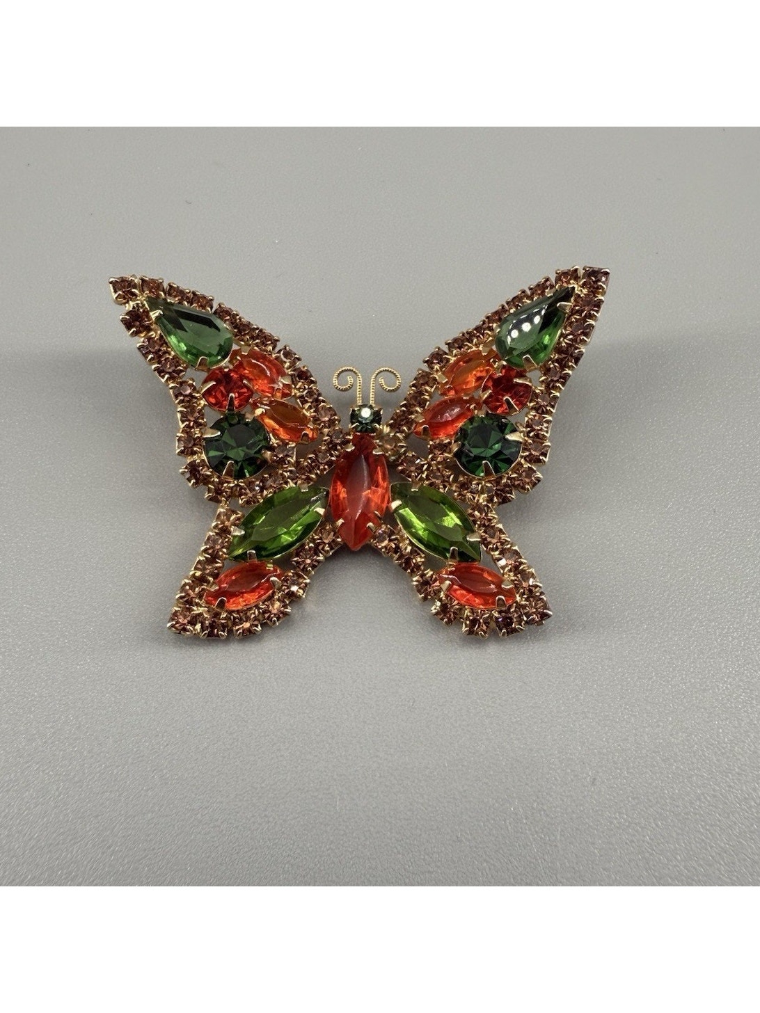 Vintage Butterfly Brooch Pin Red Green Rhinestone Gold Tone Uv Reactive Glow